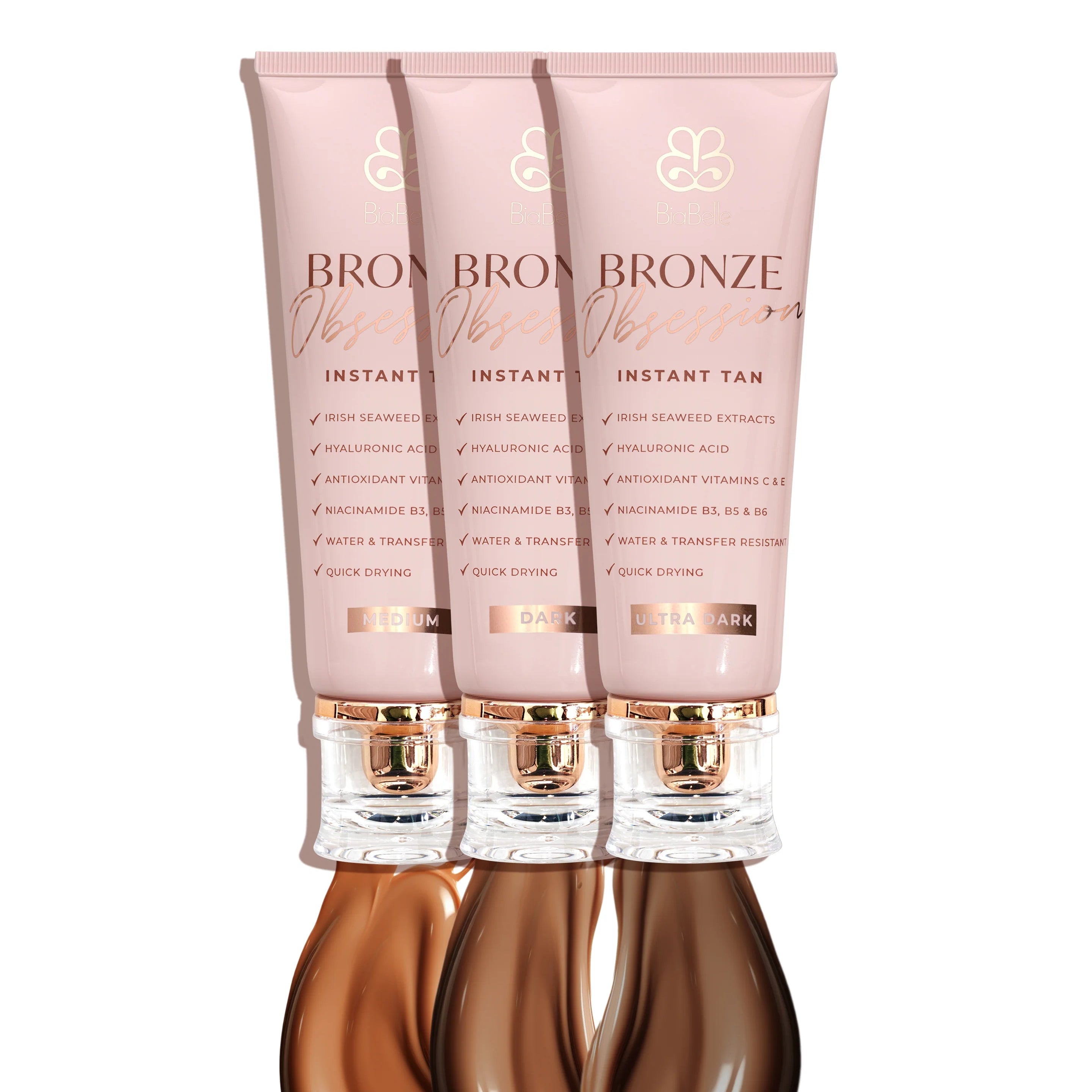 Three tubes of 'Bronze' instant tan product with visible color swatches on a white background.
