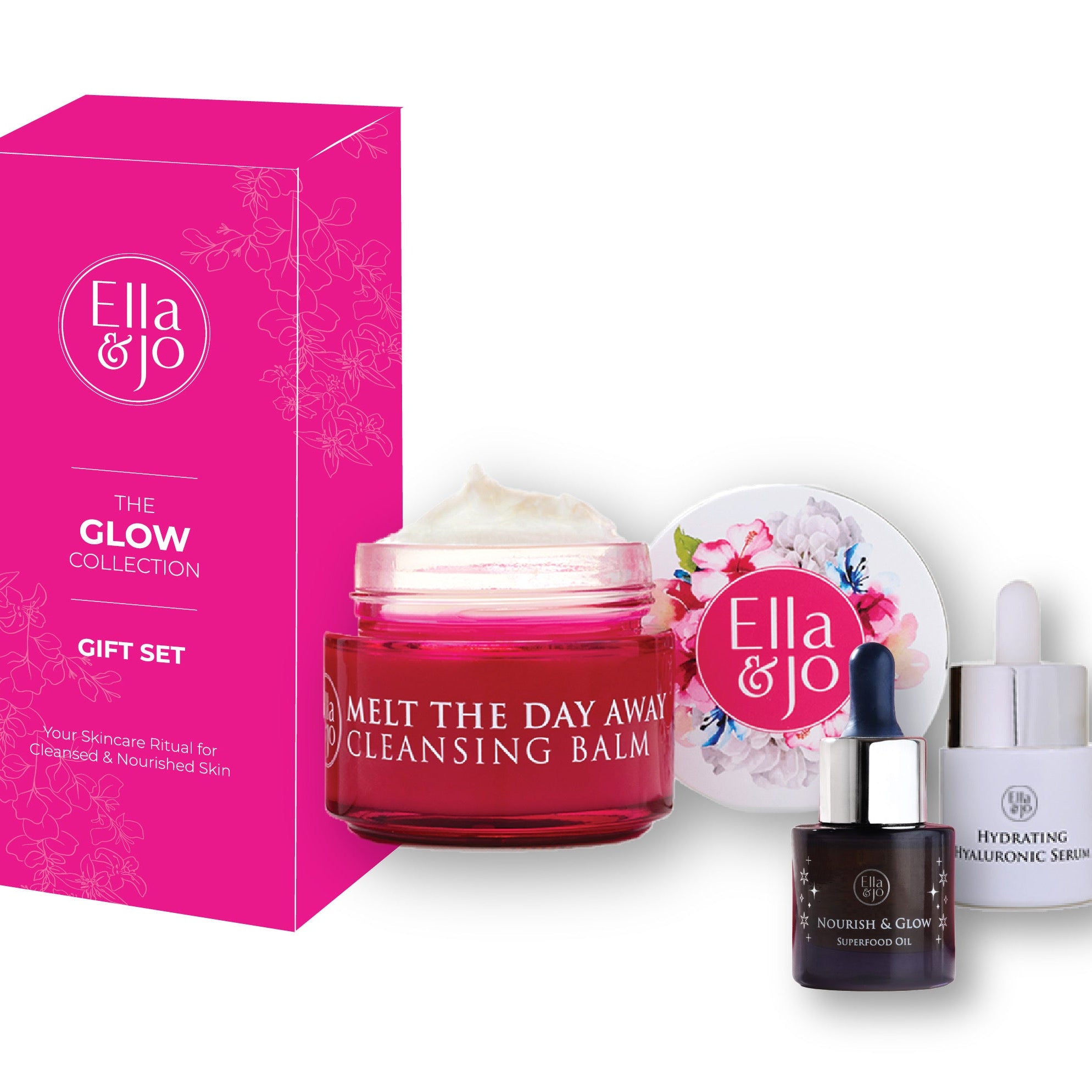 Ella & Jo skincare gift set with pink box, cleansing balm, and serum on a white background