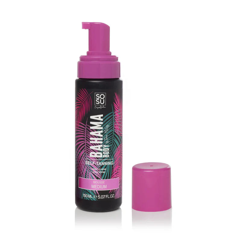 SOSU Beauty Bahama Body self-tanning lotion with pink pump on a white background